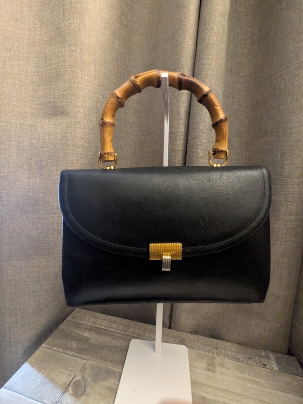 RARE Vintage KORET Black Leather & Bamboo Wood Handbag Red Interior